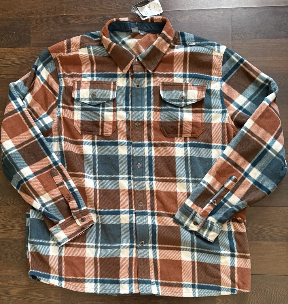 Eddie Bauer Shirt Mens 2XL Brown Teal Plaid Polyester Button Down Flannel $70